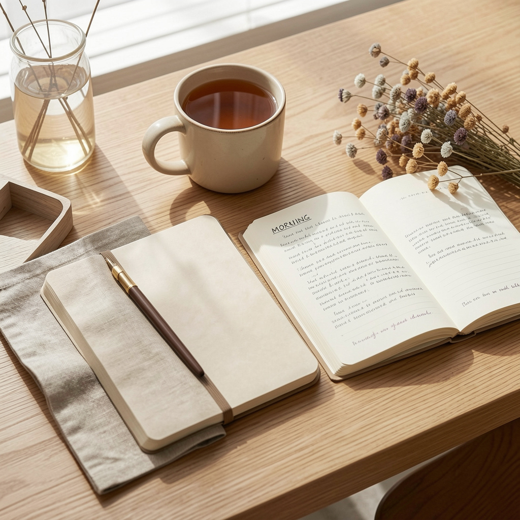 Morning routine setup with journal and tea
